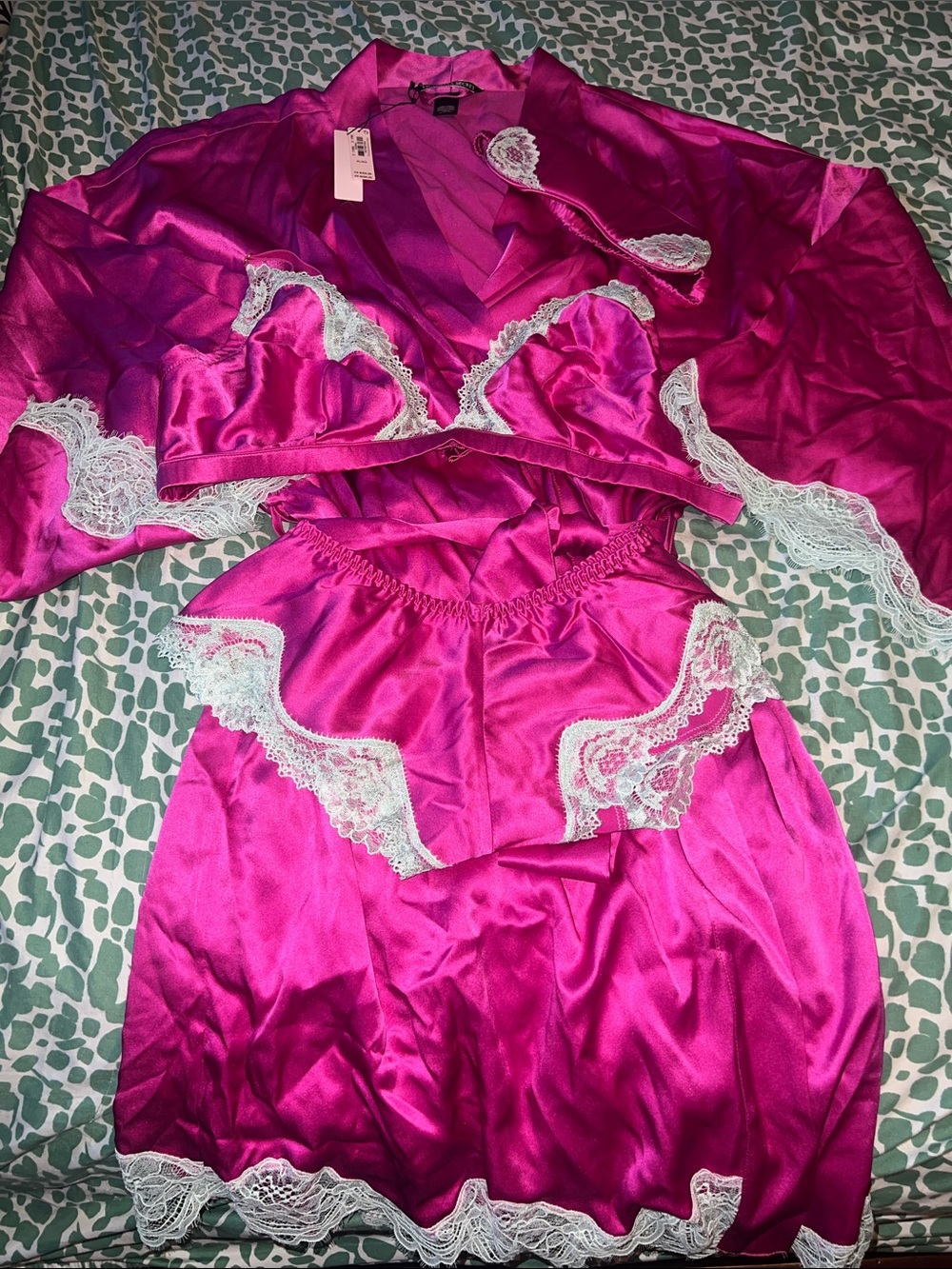 Victoria's Secret Fuchsia Satin Lace-Trim 3-Piece Sleep Set